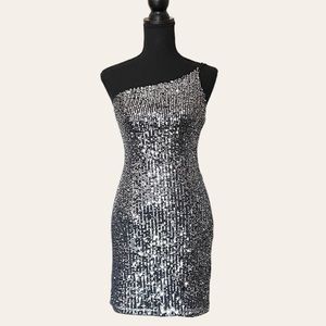 Sleeveless One Shoulder Silver Sequin Mini Dress